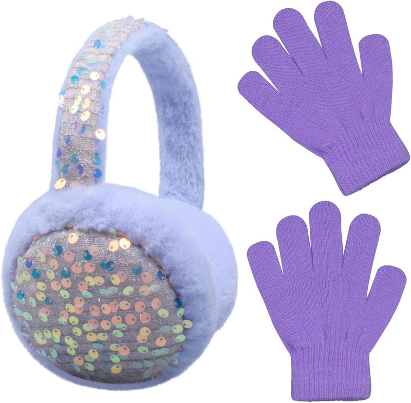 FYBW Ear Muffs Gloves Set for Kids, Winter Adjustable Sequins Warm Earmuffs for Kids Outdoor Cold Weather - Image 1
